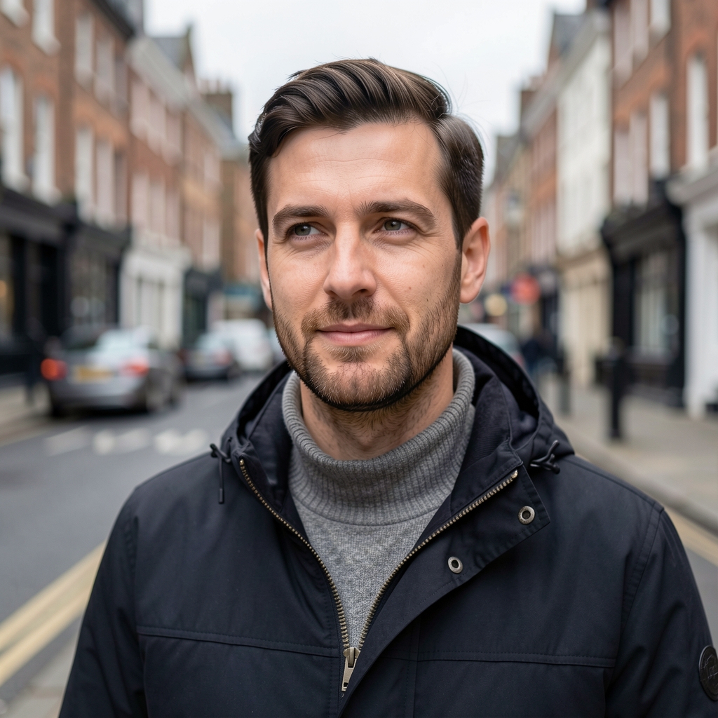 Portrait of a male nutrition and movement writer outdoors on a London street in overcast morning light, relaxed and observational
