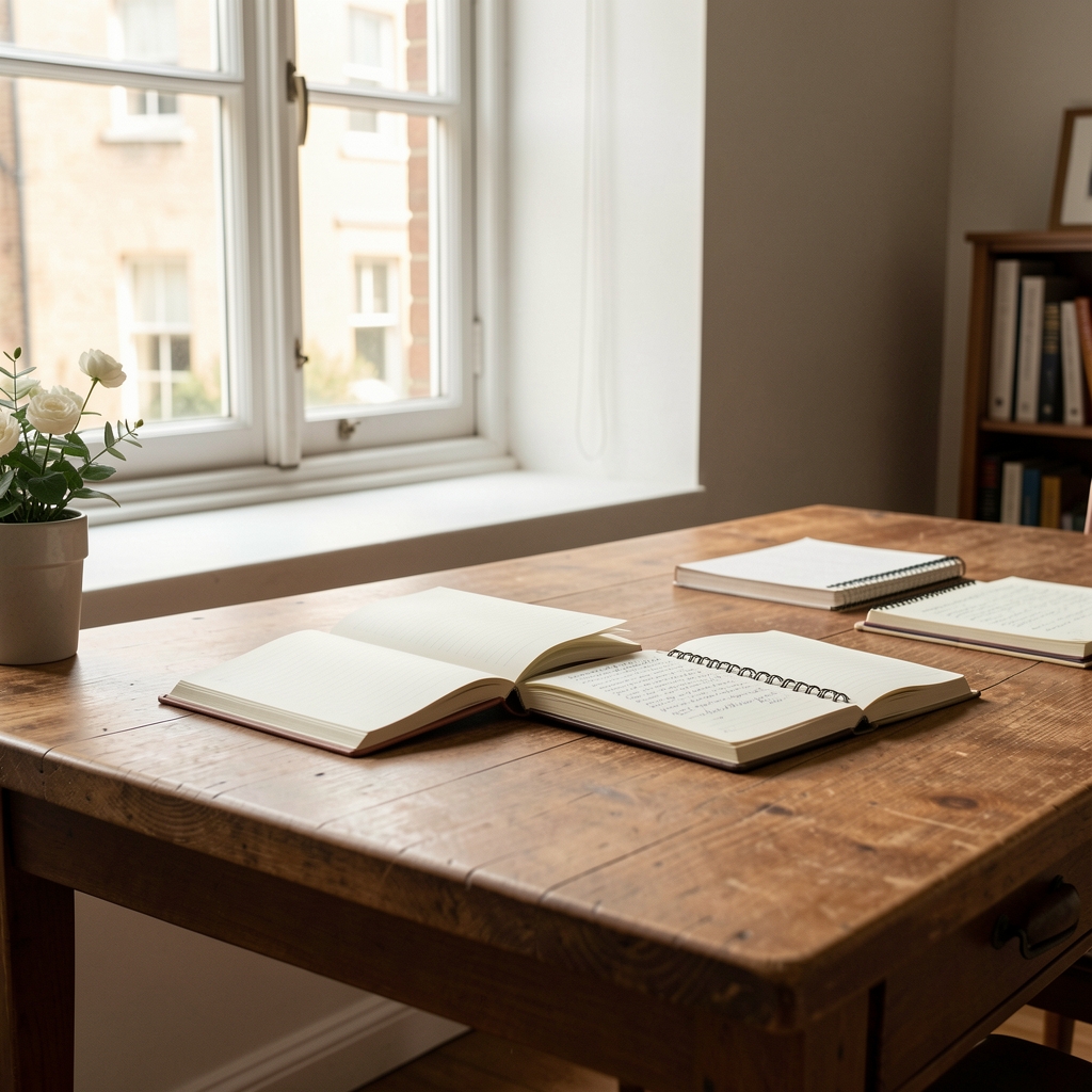 Editorial studio interior with notebooks, natural light through a window, wooden desk with seasonal produce reference materials