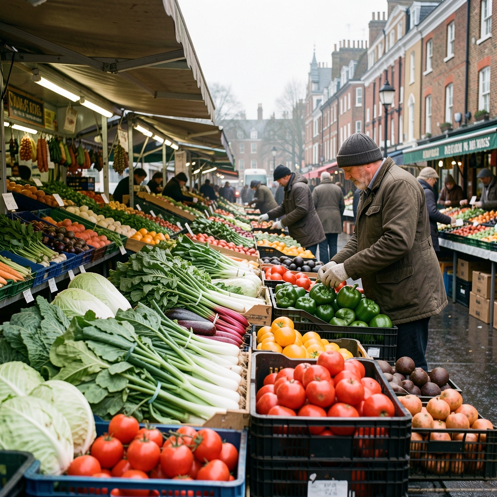 Fresh fruit and vegetable selection at an early morning market, natural daylight, editorial composition