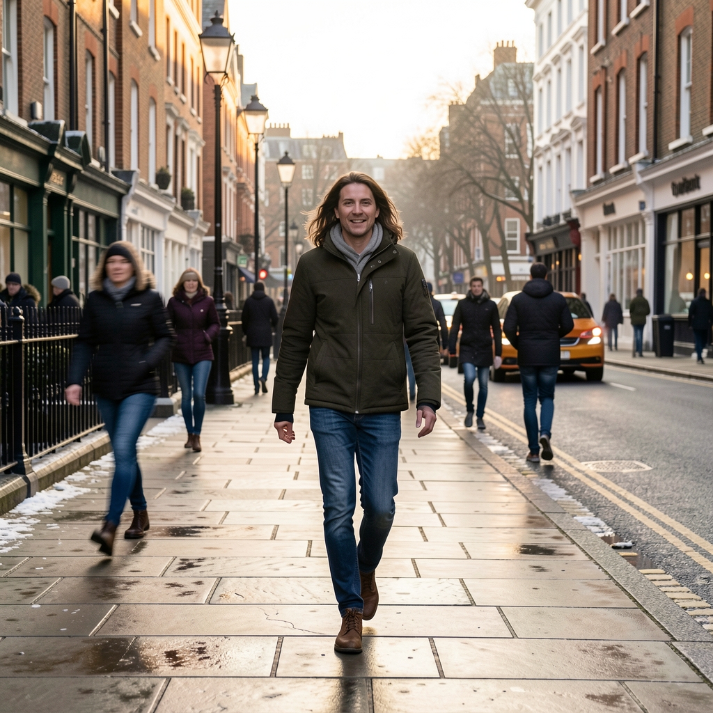 Active morning walk on a London street at low winter light, pavement and movement, editorial composition
