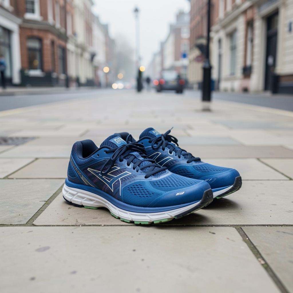 Running shoes on a London pavement in overcast morning light, movement and active lifestyle editorial